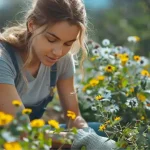 Jeune femme travaillant dans un jardin, prenant soin de fleurs jaunes sous un ciel ensoleillé