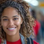 Étudiante souriante portant un sac à dos dans un couloir d’école, ambiance positive et dynamique
