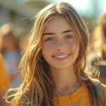 Lycéenne souriante en plein air avec un t-shirt jaune, ambiance de rentrée scolaire ensoleillée