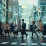 Passage piéton fréquenté par des employés de bureau