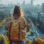 Étudiante avec sac à dos contemplant une ville depuis un point de vue élevé au lever du soleil