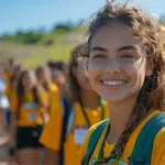 Jeune femme souriante avec sac à dos lors d'une sortie en plein air, groupe en arrière-plan