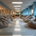 Couloir scolaire moderne avec poufs confortables pour les élèves, ambiance détendue et collaborative