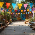 Cour d’école festive avec fanions colorés suspendus, ambiance joyeuse et décor chaleureux