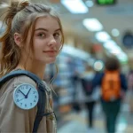 Jeune fille avec un sac à dos et une horloge attachée à l'épaule, dans un couloir d'école rempli d'élèves