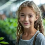 Jeune fille souriante participant à une initiative écologique, entourée de plantes en serre