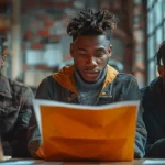 Trois jeunes hommes lisant des documents dans un café avec une ambiance industrielle, lumière naturelle