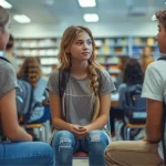 Groupe d'élèves discutant dans une bibliothèque scolaire, portant des sacs à dos et participant à une session de médiation scolaire