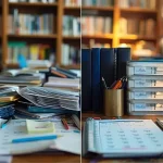 Un bureau pas rangé à gauche et un bureau organisé à droite