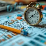Gros plan sur un crayon à papier, une horloge et un planning papier