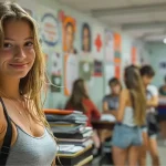 Jeune femme souriante dans un couloir d'école rempli d'élèves, ambiance décontractée