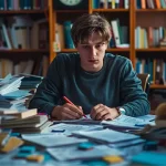 Étudiant concentré préparant des examens entouré de livres et de papiers sur un bureau