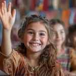 Jeune élève souriante levant la main en classe