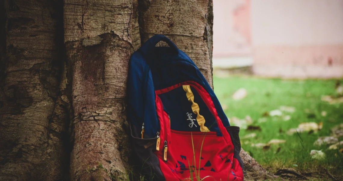 Sac à dos rouge et bleu au pied d'un arbre