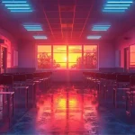 Salle de classe vide au coucher de soleil avec lumière néon et ambiance futuriste