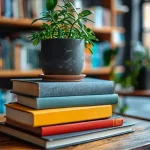 Pile de livres colorés et une plante verte sur un bureau