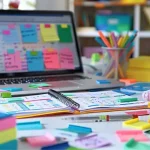 Un bureau et un ordinateur couverts de fiches de révision de toutes les couleurs.